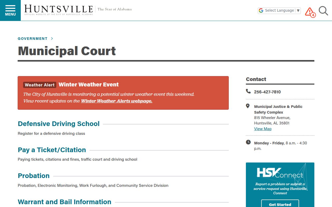 Huntsville Municipal Court website showing ordinance violation information