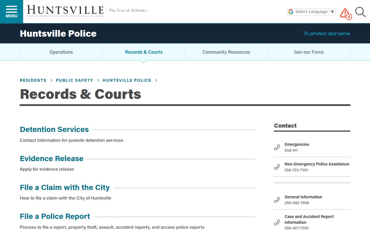 Huntsville Police Department Records Division webpage