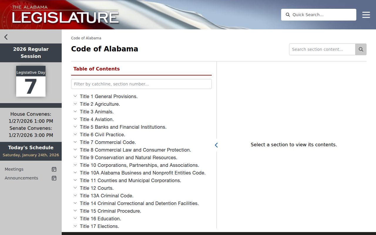 Alabama Legislature Code of Alabama online